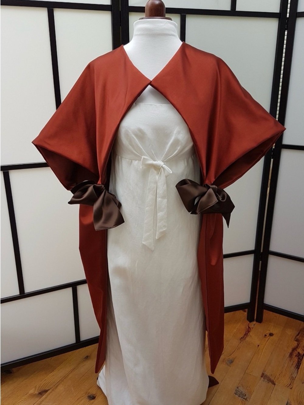 Warm Toffee Brown Handmade in France Silk Wrap Capelet with Brown Ribbon Ties